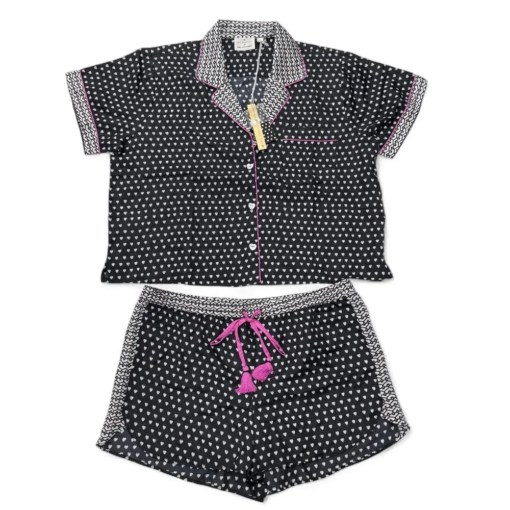 Roller Rabbit x Lele Sadoughi Black‎ Heart Pajamas PJ Set Womens XL NWT Shorts